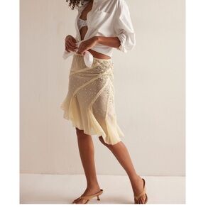 Free People Sheer Pale Yellow Embellished Ruffle Midi Skirt